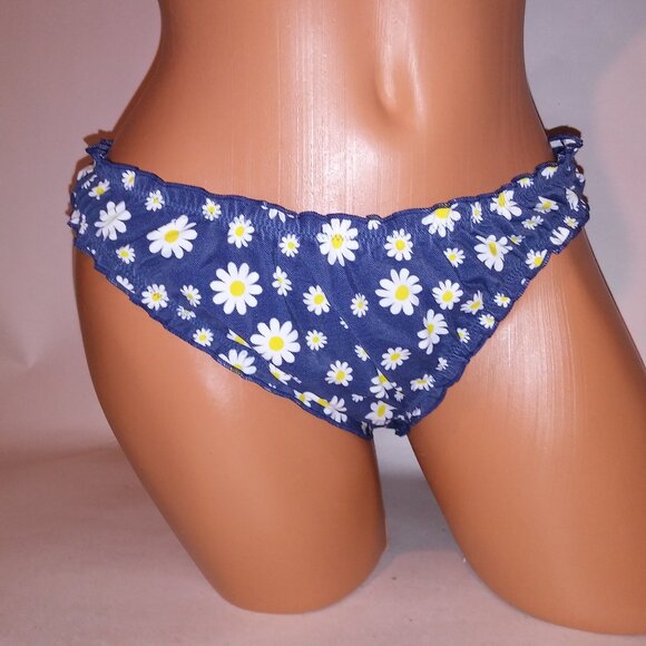 Victoria Secret PINK Swim Bikini Bottom Blue White Ruffle Cheeky Daisy Floral - Picture 1 of 6